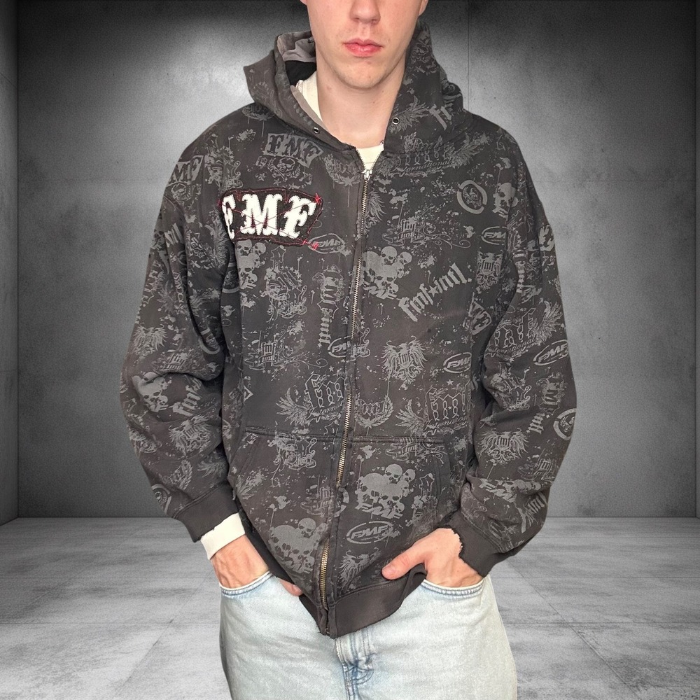 Vintage FMF Racing All Over Print Zip Up Hoodie XL Y2K Skater Grunge Distressed